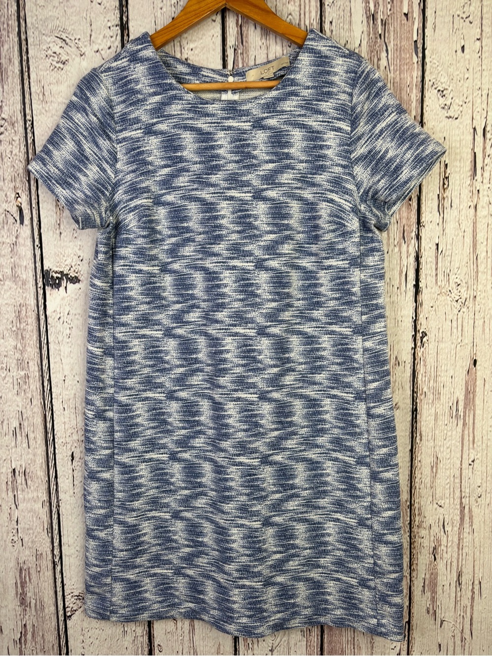 LOFT Petites Shift Style Dress Size 10P Blue White Short Sleeve Tweed Zipper